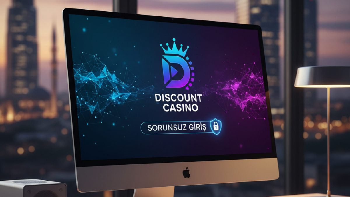 Discount Casino logosu ve sorunsuz giriş yazısı ile dijital güvenlik temalı bir bilgisayar ekranı.